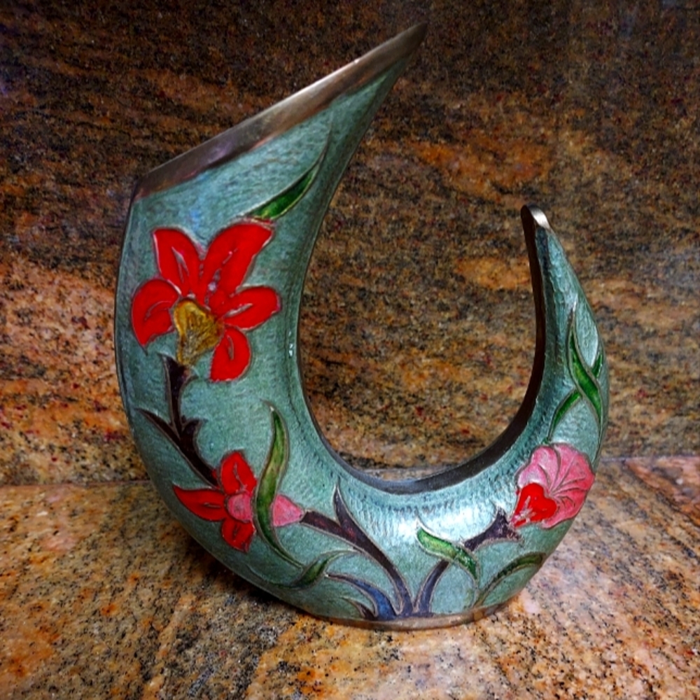 Solid brass and Enamel Bud vase horn shape.